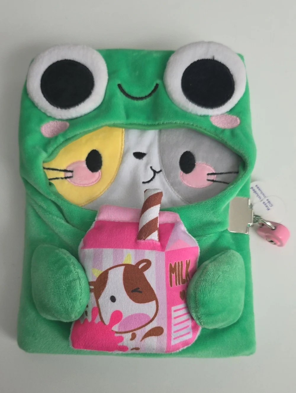 Diary With Lock - Plush Green Frog Kitten with Strawberry Milk Noteboom